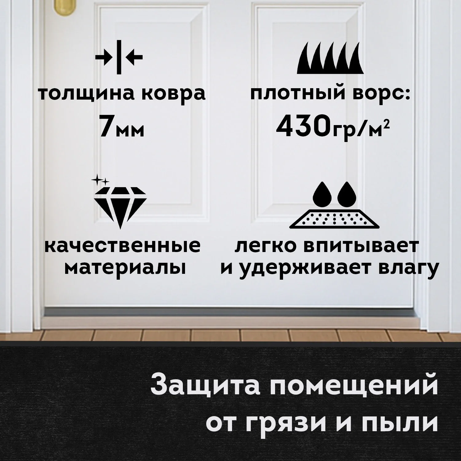 Коврик влаго-грязезащитный ребристый ЛЮБАША 120 х 150 см, черный